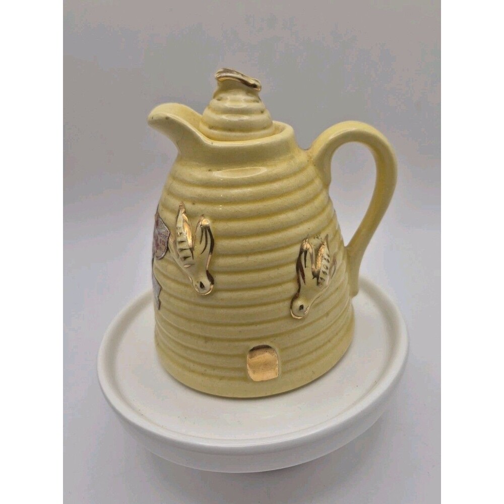 Vintage Yellow Bees Honey Pot Jar Tea Pot Beehive With Lid USA Ceramic Farmhouse